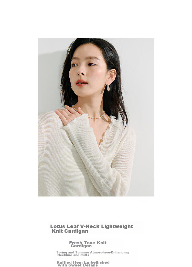 Inman Lotus Leaf V-Neck Lightweight Knit Cardigan Slim Fit Long Sleeve Top Vacation Style 3